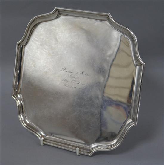 A presentation silver shaped square salver, 25.5oz